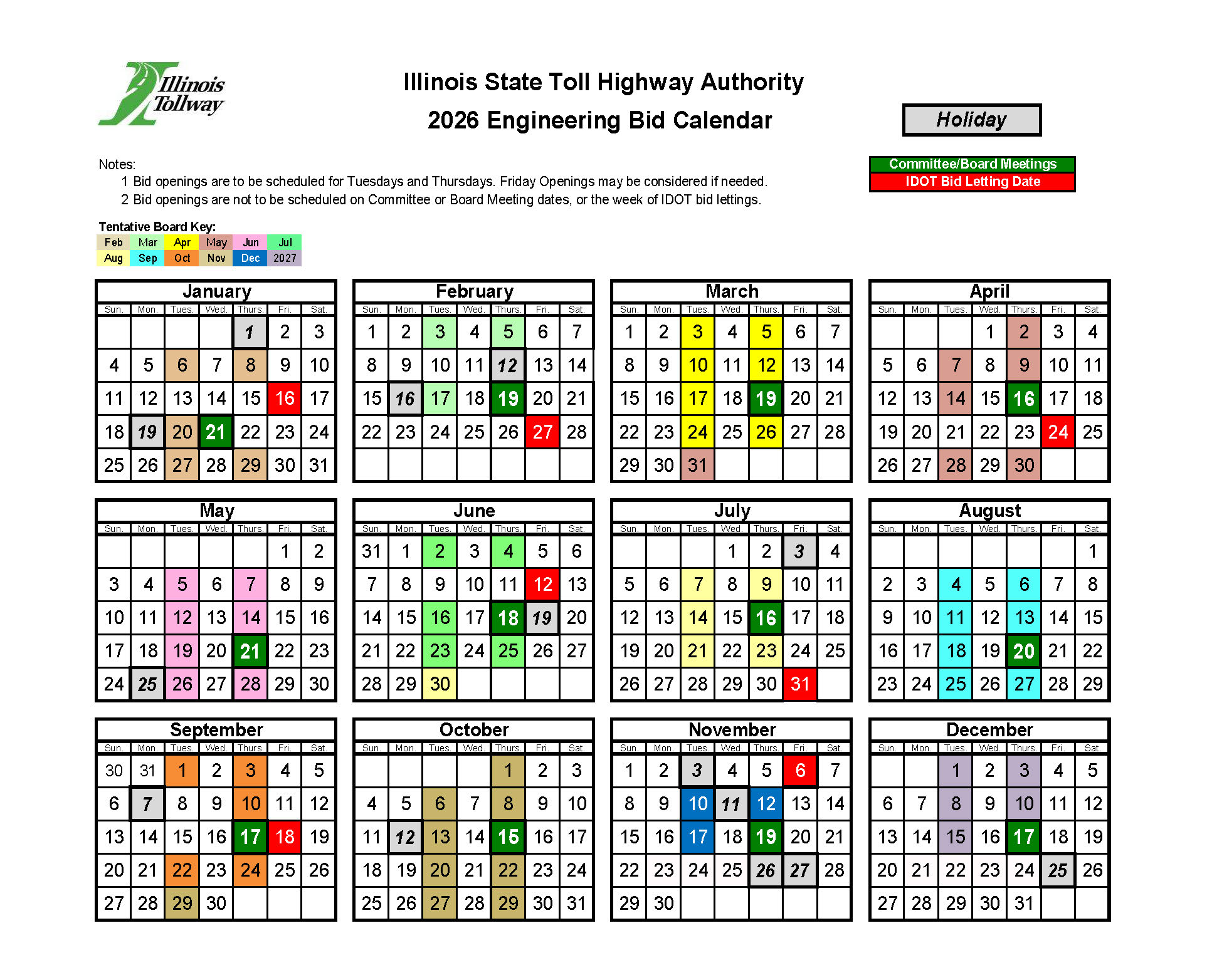 Illinois State Toll Highway Authority 2026 Engineering Bid Calendar